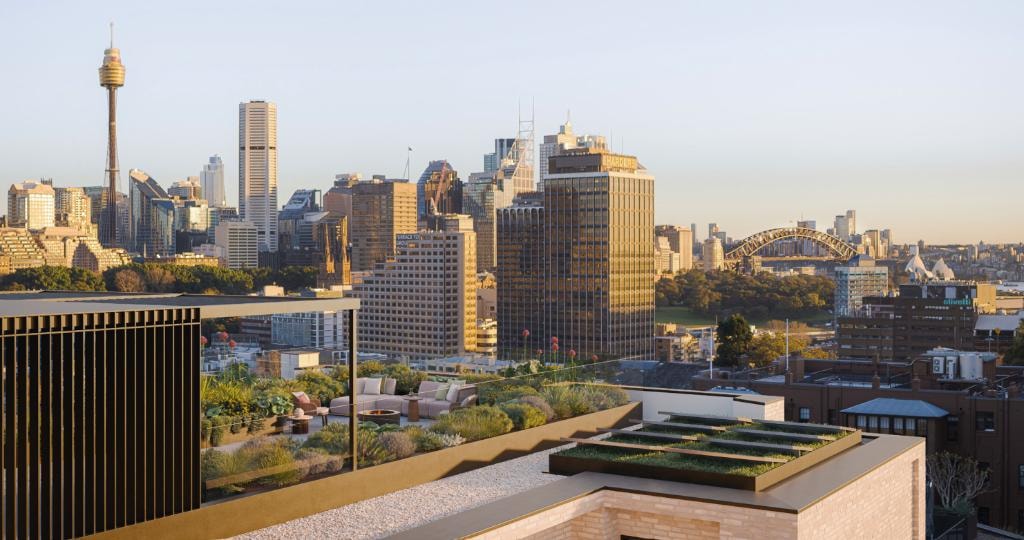 Henri House Darlinghurst — terrace dining with Harbour Bridge views