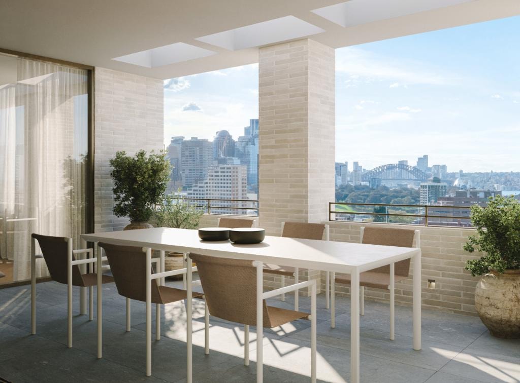 Henri House Darlinghurst — rooftop aerial with Sydney CBD and Harbour Bridge